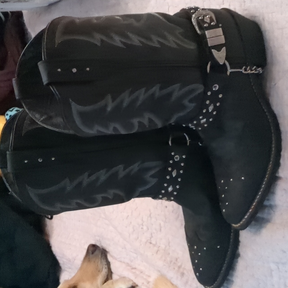 Men's 10.5 Black Leather Boots with Silver Trim, Chain, Buckles